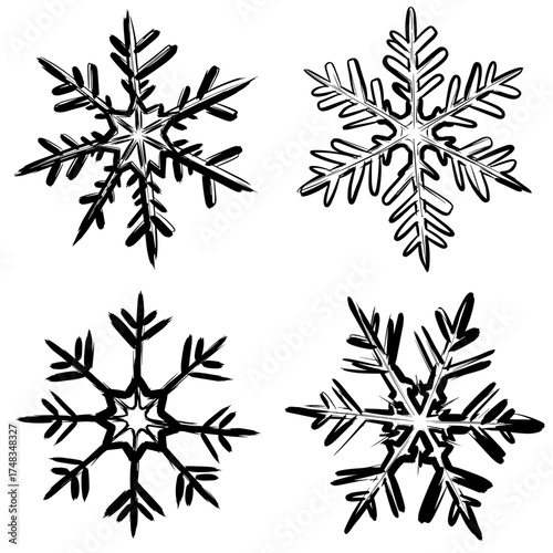 Snowflakes in intricate designs on transparent background  