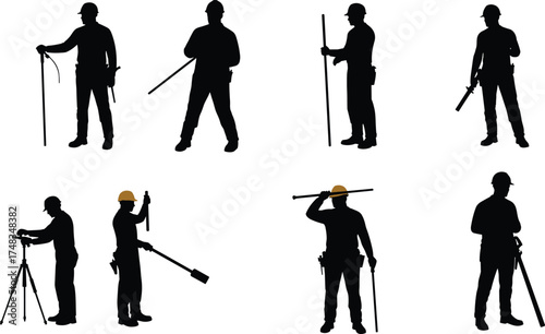 Silhouette surveyors working with tripod, measuring rod, construction tools, land surveying equipment, engineering fieldwork, hard hats, geodetic measurement, site planning, construction project, 