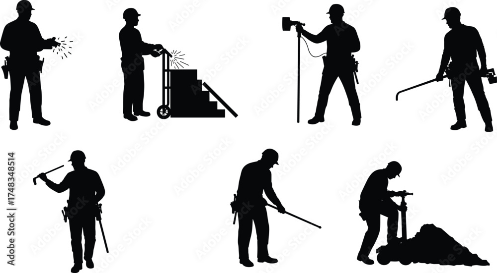 Obraz premium Construction worker silhouettes, welding, drilling, hammering, shoveling, raking, carrying boxes, industrial labor, heavy equipment, building tools, teamwork, safety, black vector icons, illustration