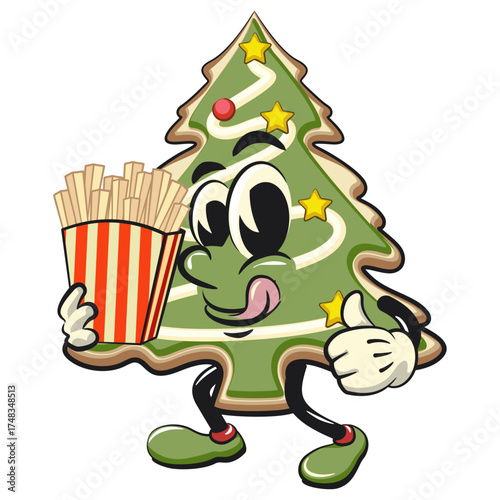 cute christmas tree cookie mascot cartoon character brought a box of french fries, vector illustration isolated, work of hand drawn