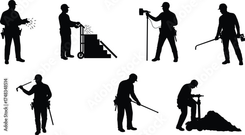 Construction worker silhouettes, welding, drilling, hammering, shoveling, raking, carrying boxes, industrial labor, heavy equipment, building tools, teamwork, safety, black vector icons, illustration