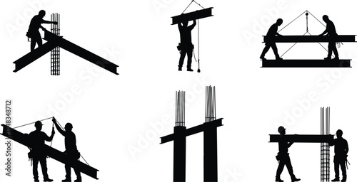 Construction worker silhouettes on beams, teamwork lifting heavy steel, structural framework assembly, industrial building site, safety teamwork labor, architecture development, engineering workforce