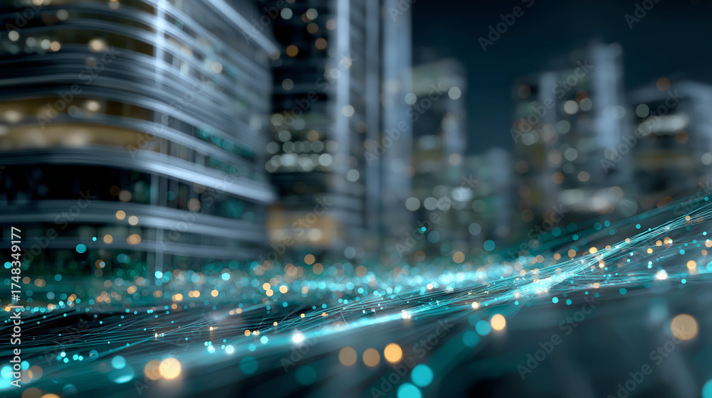 Fototapeta premium Digital Cityscape at Night: Captivating modern skyscrapers with their glittering lights create a futuristic, dreamlike atmosphere. The scene is alive with a network of data streams.