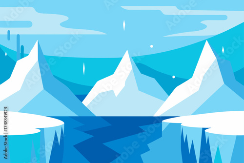 Illustration of a winter landscape with icebergs