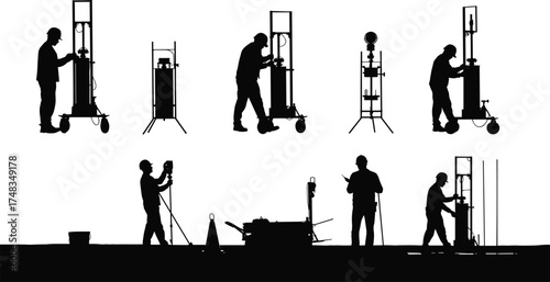 Silhouette surveyors with tripod equipment, land surveying workers measuring angles, construction site engineers using theodolite, geodetic instruments