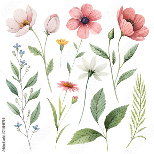 Watercolor wildflower collection – separate floral PNG illustrations
