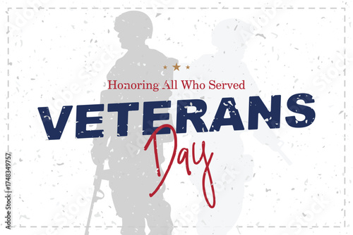 Vector banner with soldier silhouettes honoring veterans and fallen heroes. USA Veterans Day and national pride events.