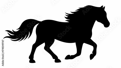 Silhouette of a galloping horse with a flowing mane and tail against a white background in vector format