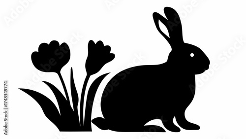 Silhouette of a rabbit sitting next to two flowers with long leaves in a black and white illustration