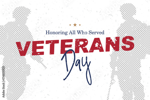 Vector banner with soldier silhouettes honoring veterans and fallen heroes. USA Veterans Day and national pride events.