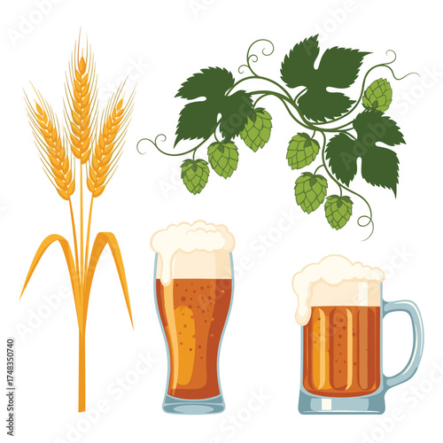 Ingredients and finished beverages for craft brewing a refreshing alcoholic drink.