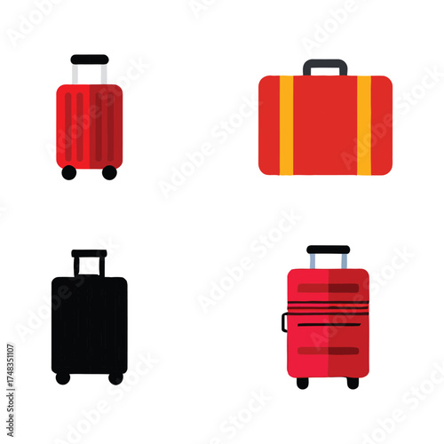 Set of red suitcases isolated on white background with travel and luggage icons