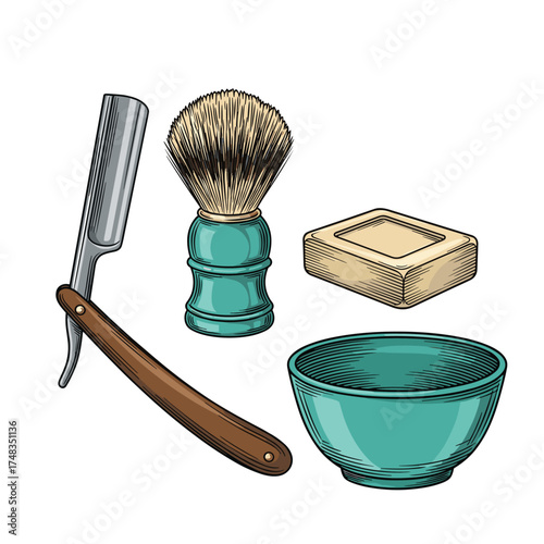 Classic wet shaving tools including a straight razor a shaving brush a soap bar and a bowl.
