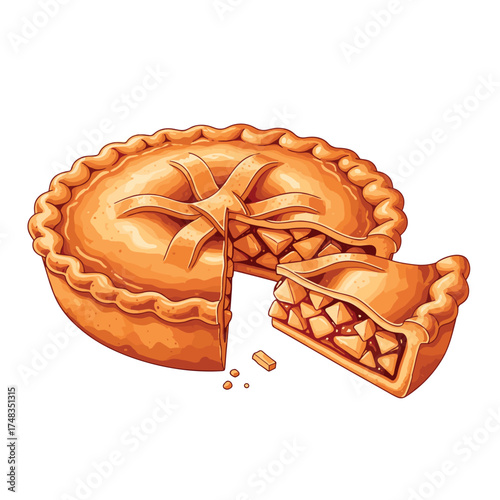 A delicious homemade apple pie with a flaky crust and a slice removed to reveal the sweet filling.