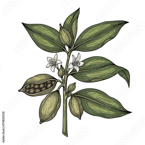 A detailed illustration of a coffee plant with ripe cherries and delicate white flowers.