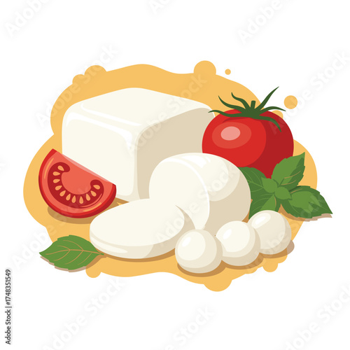 Fresh mozzarella cheese with ripe tomatoes and fragrant basil leaves for Italian cooking.