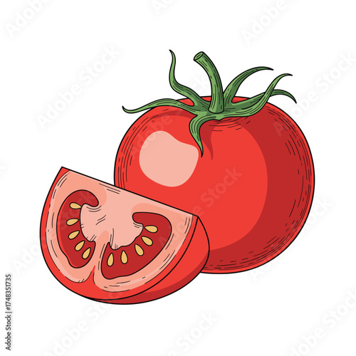 Ripe red tomato and a slice showing juicy interior seeds and flesh.