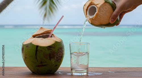 Fresh coconut water is poured into a glass with a bright tropical beach in the background. The clean, refreshing look captures a natural and summery tropical vibe.