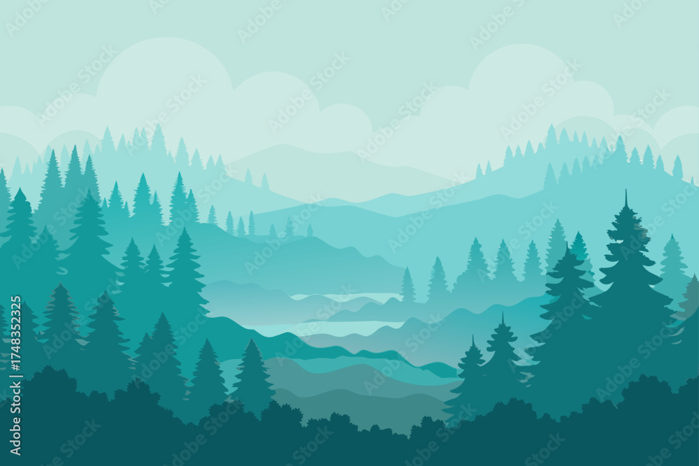 Fototapeta premium Misty mountain range with pine trees and cloudy sky
