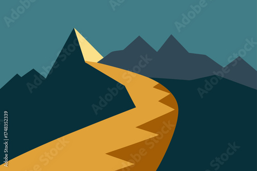 Golden path winding through mountain peaks landscape
