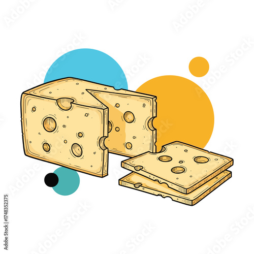 Delicious Swiss cheese with holes and slices cut from the block.