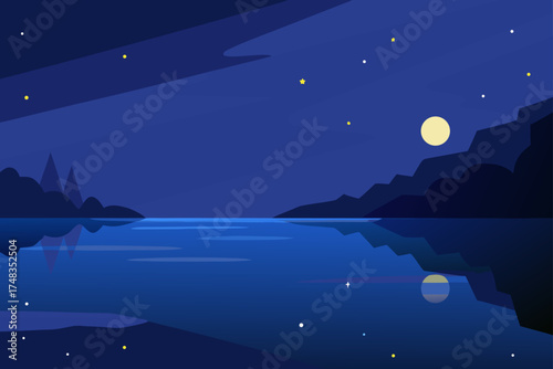 Night landscape with moon stars and water reflection
