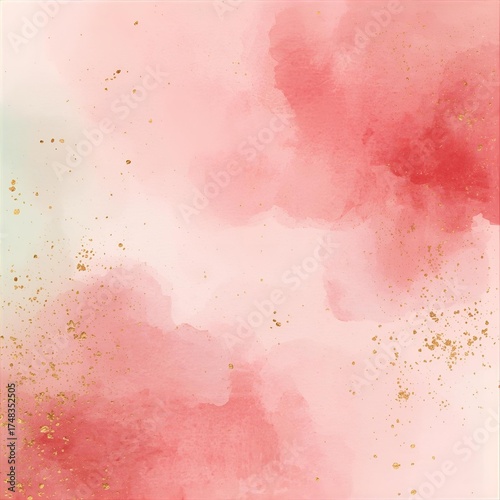Watercolor background with pastel pink red and light green tones blending softly with shimmering gold glitter accents on textured paper
