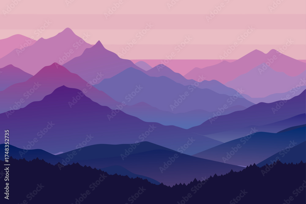 Fototapeta premium Illustration of layered purple mountain landscape