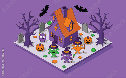 Isometric halloween scene with spooky house monsters pumpkins and bats vector