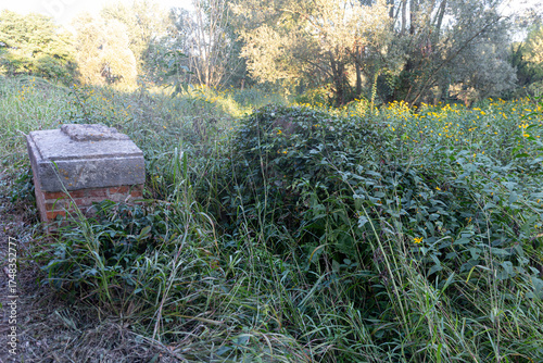 A wide view of an archaeological remnant from a past industrial era. The structure is now part of the serene, natural landscape of the countryside.