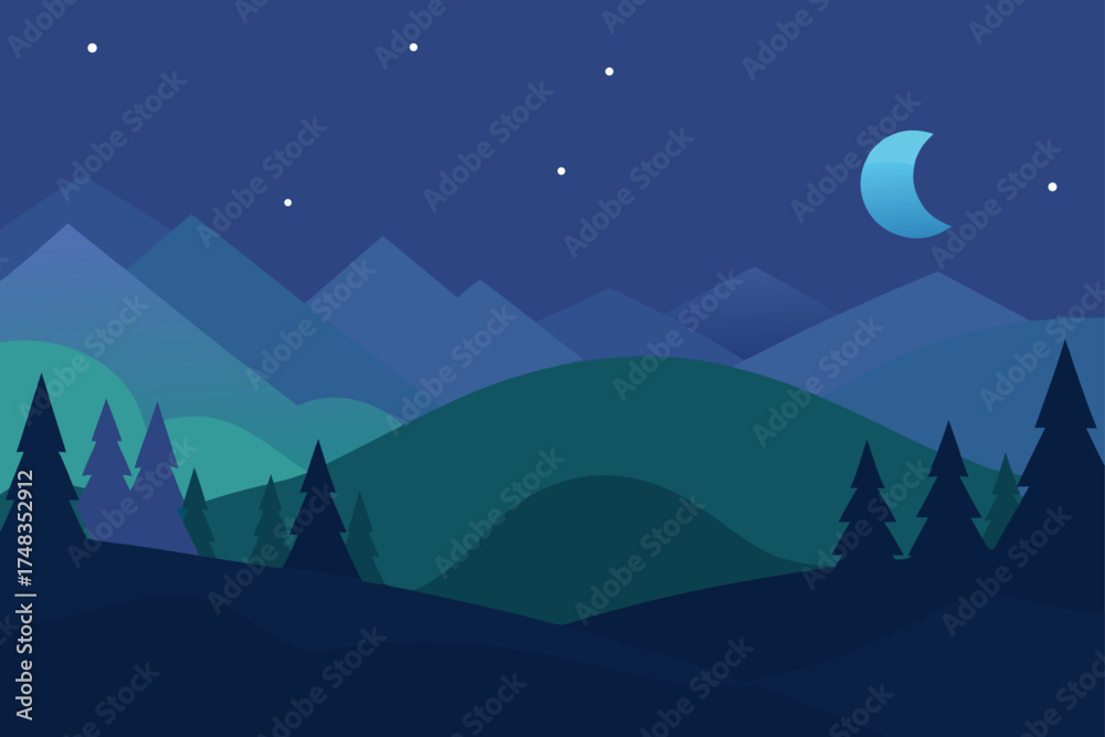 Naklejka premium Night landscape with mountains moon and pine trees