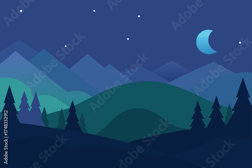 Night landscape with mountains moon and pine trees