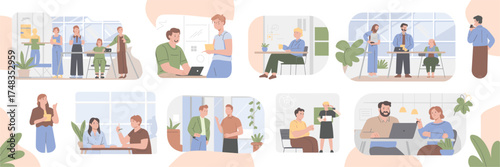 Diverse coworkers collaborate in bright office spaces