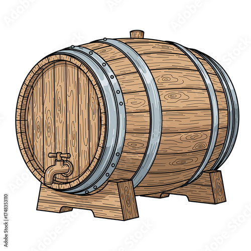 A wooden barrel with metal hoops and a tap on a stand.