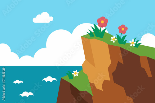 Illustration of cliff with flowers and ocean view