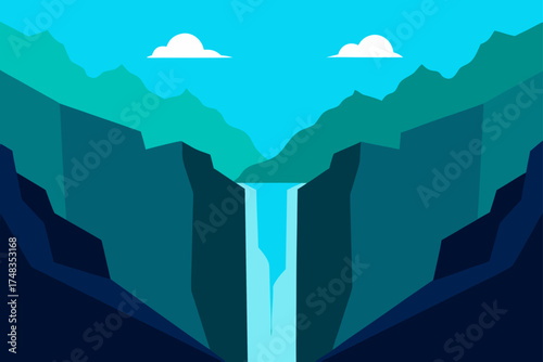 Waterfall between cliffs with mountains and clouds