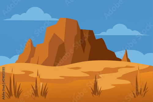 Cartoon desert landscape with rocks and cloudy sky