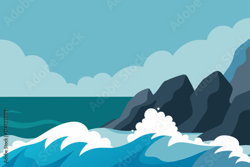 Illustration of ocean waves crashing against rocks