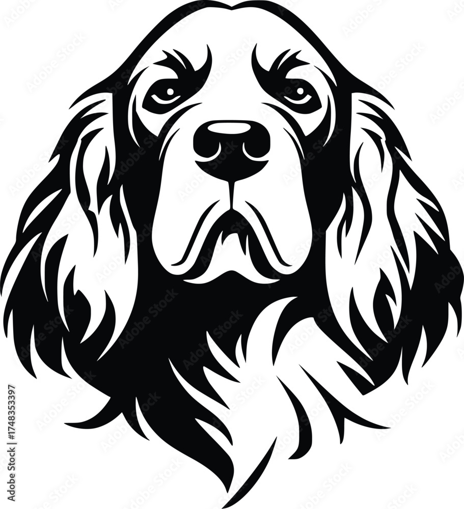 Fototapeta premium Clumber Spaniel head silhouette with droopy ears, solemn eyes, and thick coat in black vector
