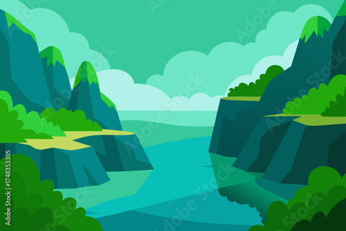Cartoonish landscape with mountains and river view