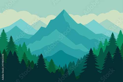 Landscape view of mountains and trees in shades blue