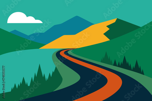 Illustration of a winding road through mountains and trees