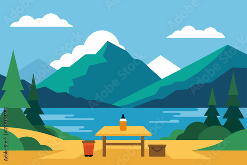 Landscape view of lake mountains and a picnic table