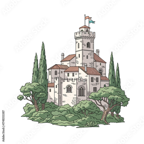 A beautiful medieval castle surrounded by lush green trees and a blue sky.