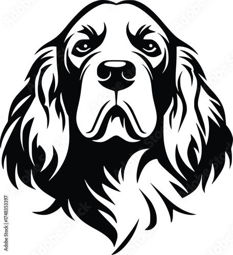 Clumber Spaniel head silhouette with droopy ears, solemn eyes, and thick coat in black vector