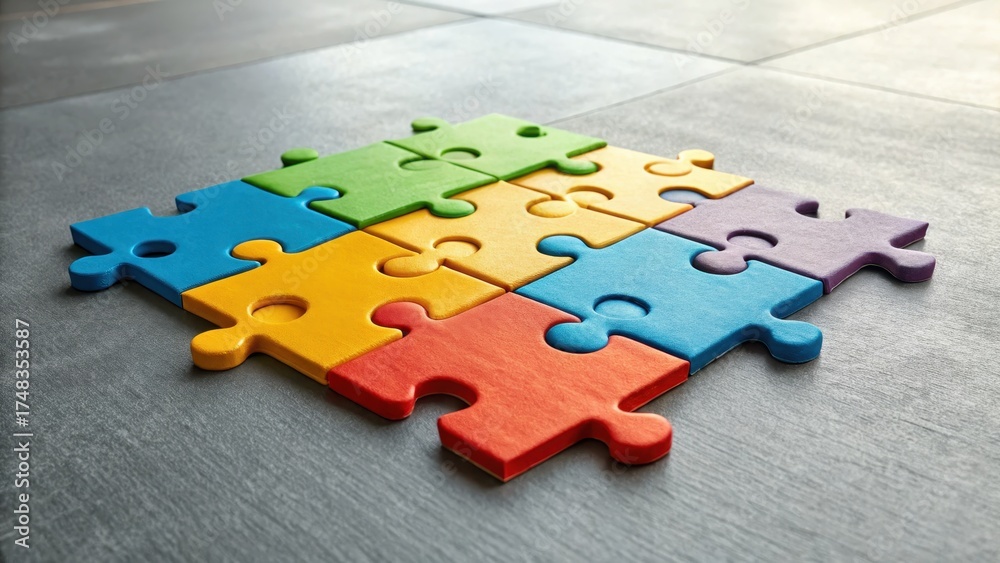 Obraz premium Colorful Puzzle Pieces Fit Together on a Tile Floor