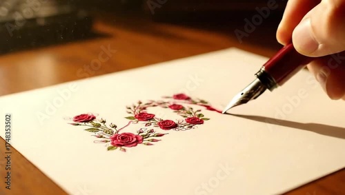 Close Up Of A Hand Drawing A Red Rose Floral Wreath With A Fountain Pen On White Paper Artistry Process
