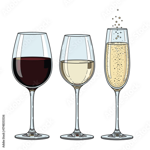 A visual collection of three different glasses of wine and champagne.
