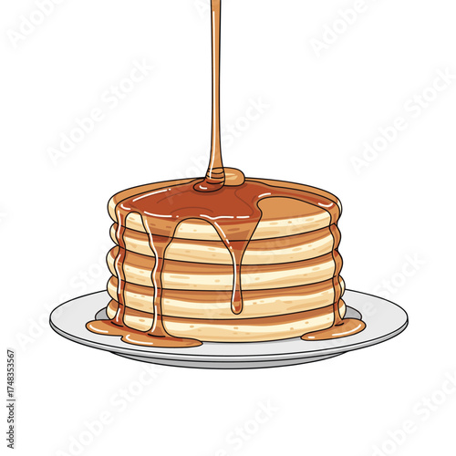 Stack of golden pancakes drizzled with sweet syrup on a white plate.