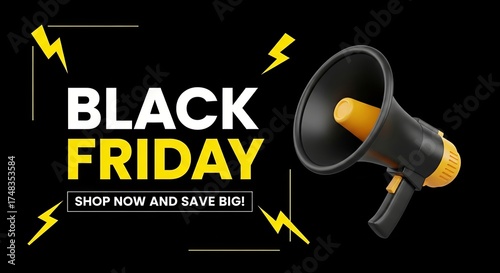 Striking digital banner with a powerful megaphone and electrifying lightning, signaling a major sales event featuring deep discounts and exciting limited-time offers